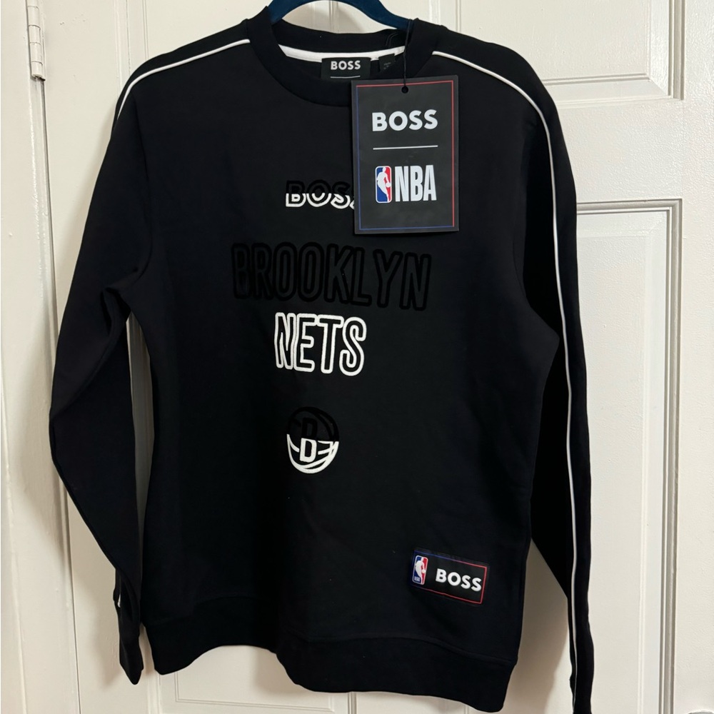 BOSS Black Crewneck Sweatshirt with White Piping & Brooklyn Nets Graphics